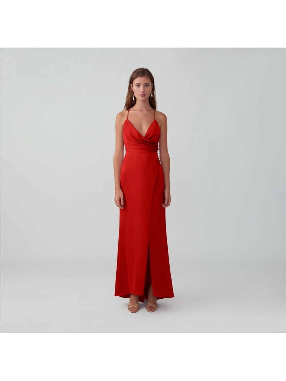 Red Ruched Silk Side Slit Maxi Dress